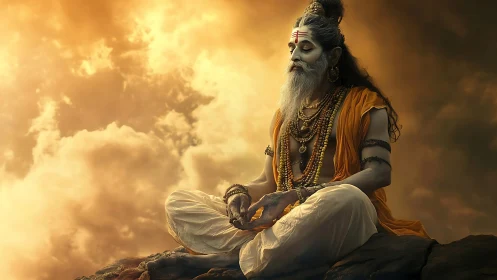 Skyfire sage in deep meditation above molten clouds.