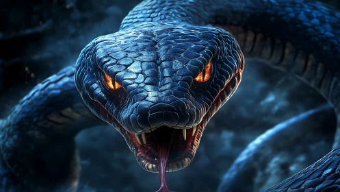 3D serpent close-up with glowing eyes and open jaws.