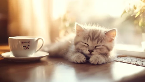 Peaceful Kitten Rests Beside Smiling Cat Coffee Mug.