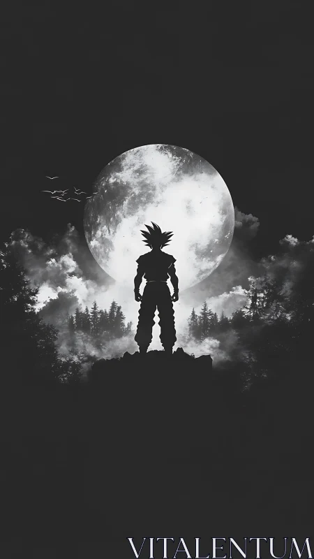 Silhouetted figure stands before full moon over forest