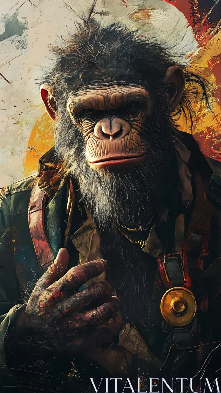 Thoughtful warrior chimp in worn jacket and bold colors.