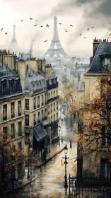 Moody autumn Paris street with Eiffel Tower in misty distance