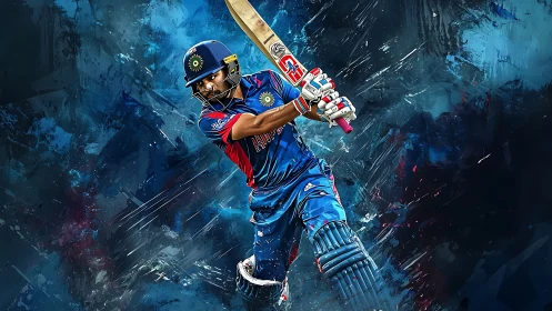 Dynamic cricket batter in blue kit amid abstract motion storm.