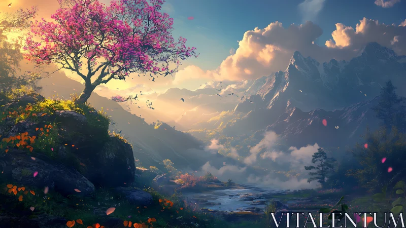 Solitary blossom tree stands above misted river valley