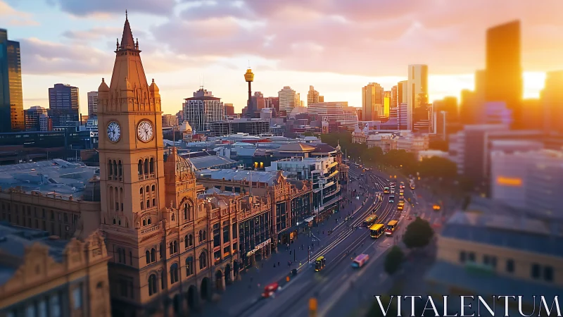 Clock tower and urban tram corridor extend through city center