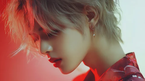 Soft red glow embraces a thoughtful side profile portrait