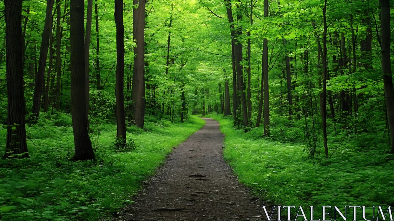 Serene forest pathway surrounded by lush green trees, natural light.