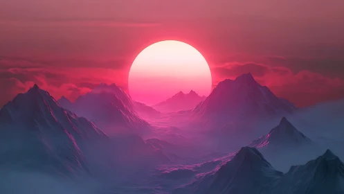 Glacial peaks drift under a neon sun melting the horizon