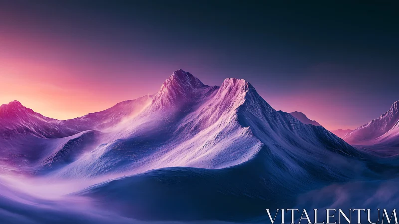 Snow-covered mountain peaks glow under vivid twilight light