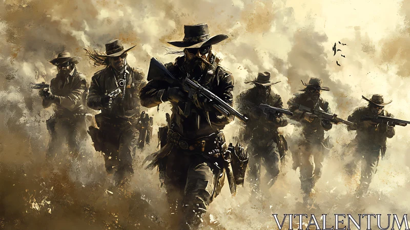 Digital painting of tactical cowboys in advancing dust formation.