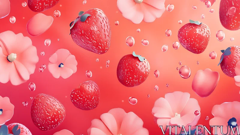3D strawberry and blossom pattern with floating glass droplets.