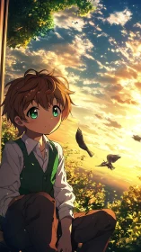 Boy watches glowing sunset sky as doves circle quietly.