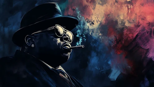 Portrait of man in hat smoking against abstract background.