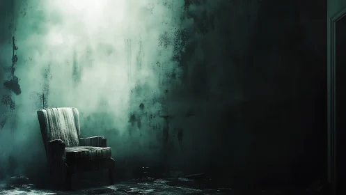 Forensic study of solitary armchair in decayed interior space.