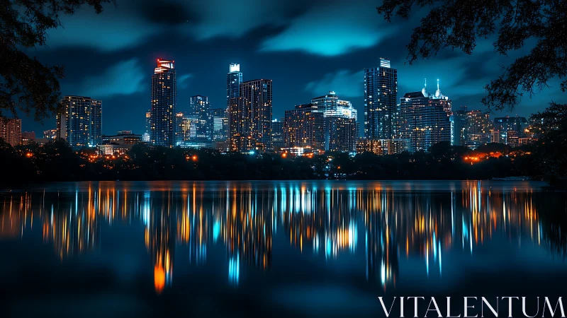 Neon city skyline casts vivid reflections across calm water.