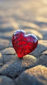 Cracked red glass heart ornament on textured stone surface.