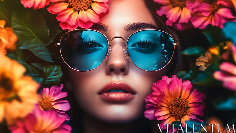 Woman wearing blue sunglasses framed by vivid summer flowers