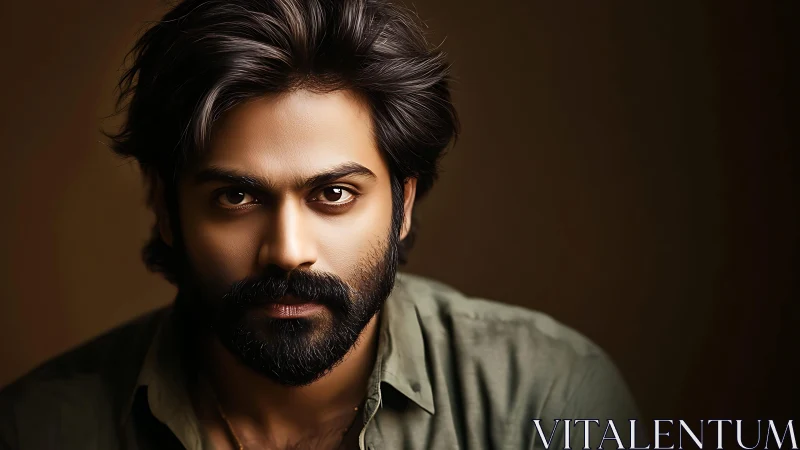 Low-key digital portrait isolates intense bearded male gaze