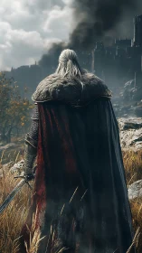 Armored wanderer surveying war-scarred fortress horizon.