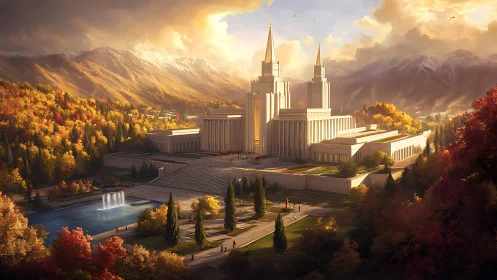 Grand temple complex glows amid golden autumn mountains.