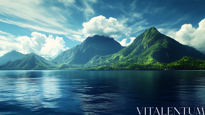 Lush volcanic tropical island range across calm reflective sea