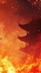 Architectural structure silhouette against fiery background.