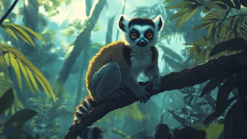 Ring-tailed lemur poised on mossy branch in misted jungle.