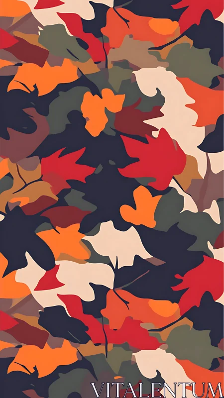 Autumn leaf camouflage pattern with bold flat colors.
