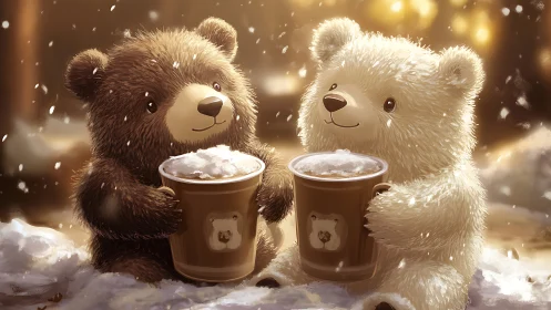 Digital painting of winter teddy bears sharing hot cocoa.