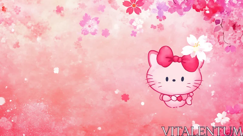 Sweet pink kitten floating in a dreamy blossom sky.