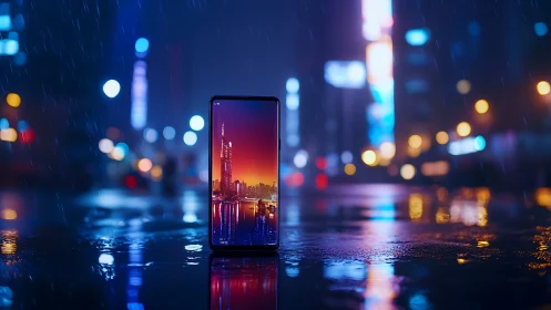 Smartphone reflects neon city skyline on wet night street