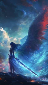 Stormlit winged warrior pauses before the thunderous dawn