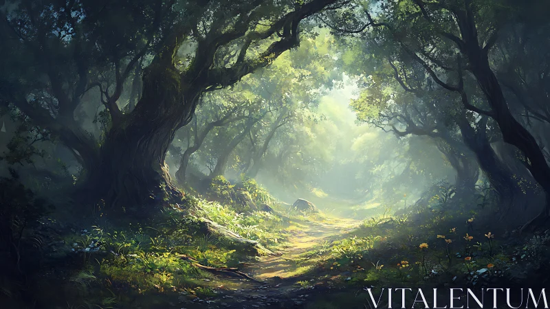 Forest pathway with atmospheric light filtering through canopy