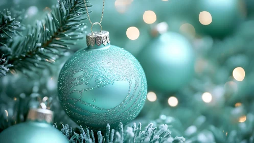 Turquoise matte Christmas bauble with glitter swirl pattern in bokeh