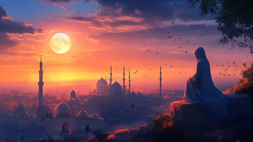 Veiled figure overlooks illuminated domed city at twilight