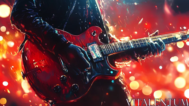 Electric guitarist in close-up view amid red stage lights.