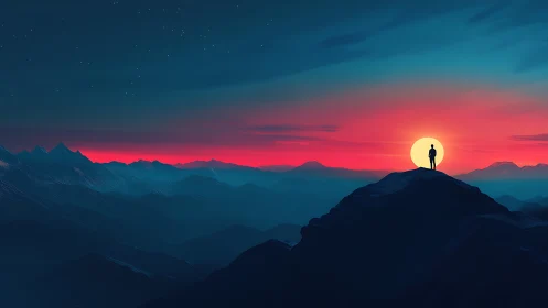 Silhouette stands on mountain peak before stylized sunset