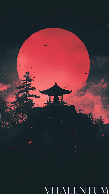 Silhouette pavilion under huge red moon above dark forest.
