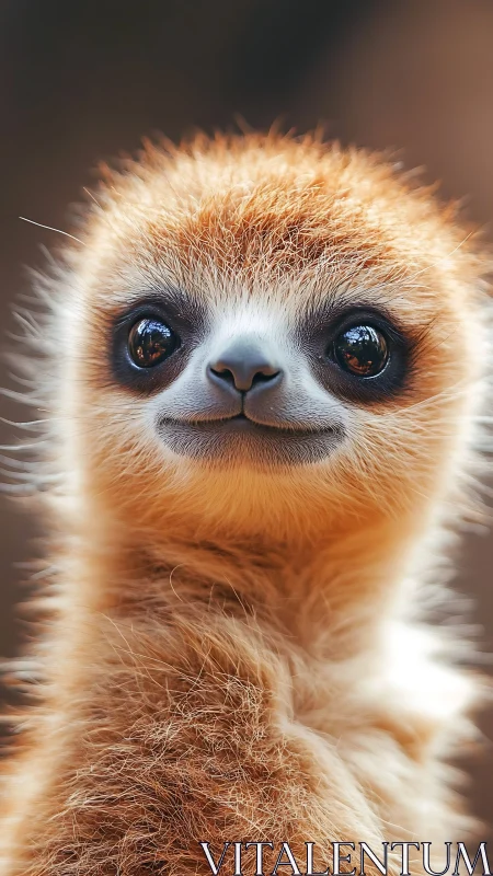 Curious baby meerkat portrait in warm soft-focus light.
