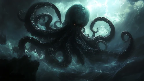 Colossal cephalopod entity emerging from storm sea at night.