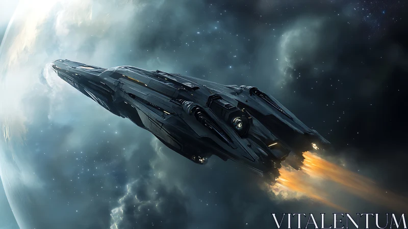 Large spacecraft departing planetary orbit in deep space.