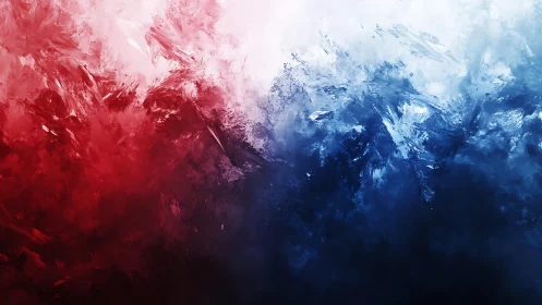 Abstract red, white, and blue textured painting with dynamic brushstrokes.