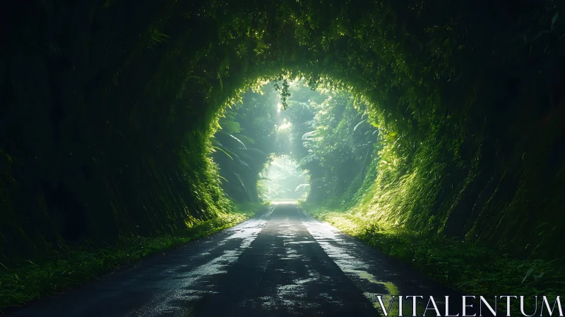 Sunlit forest tunnel road leads into a misty green horizon