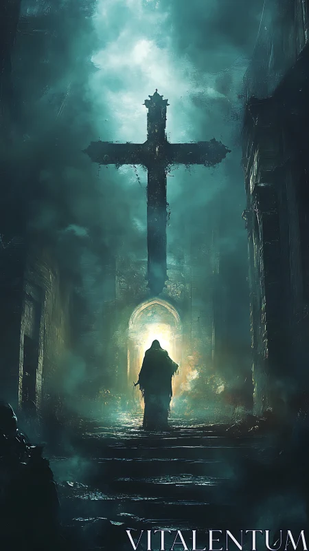 Mysterious robed wanderer walks toward a glowing cross