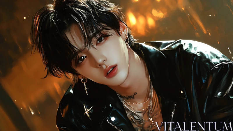 Androgynous figure in leather jacket against blurred lights.