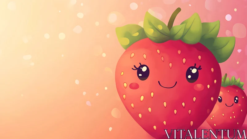 Cartoon strawberries with faces on soft pink gradient background.