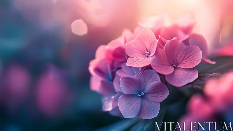 Pink Hydrangea Flowers Bathed in Golden Sunlight.