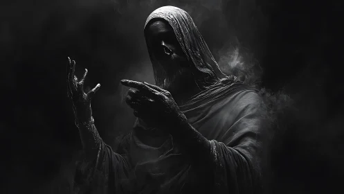 Shrouded spectral figure emerges from dense swirling smoke