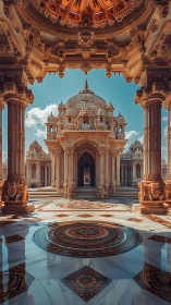 Sunlit marble temple corridor frames ornate domed sanctuary