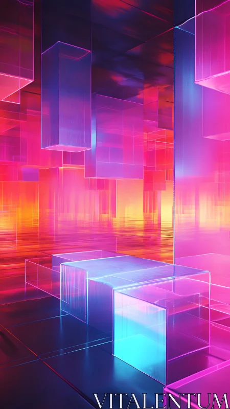 Neon glass cubes float inside luminous abstract corridor.